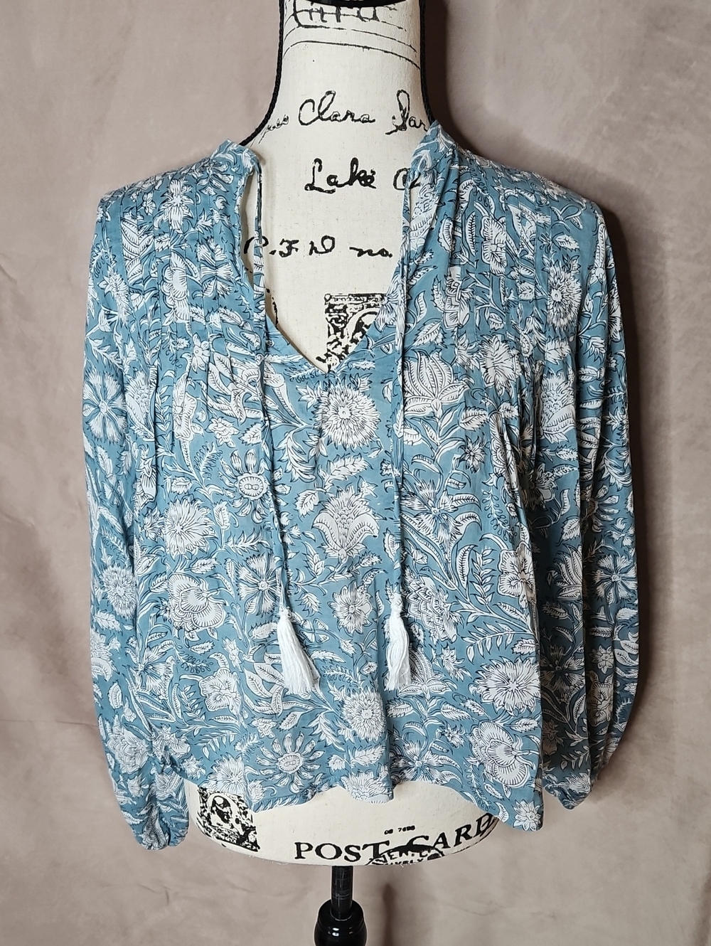 Marea Elizabeth 100% Cotton Long Sleeve Peasant Blouse Blue/Green Size Small